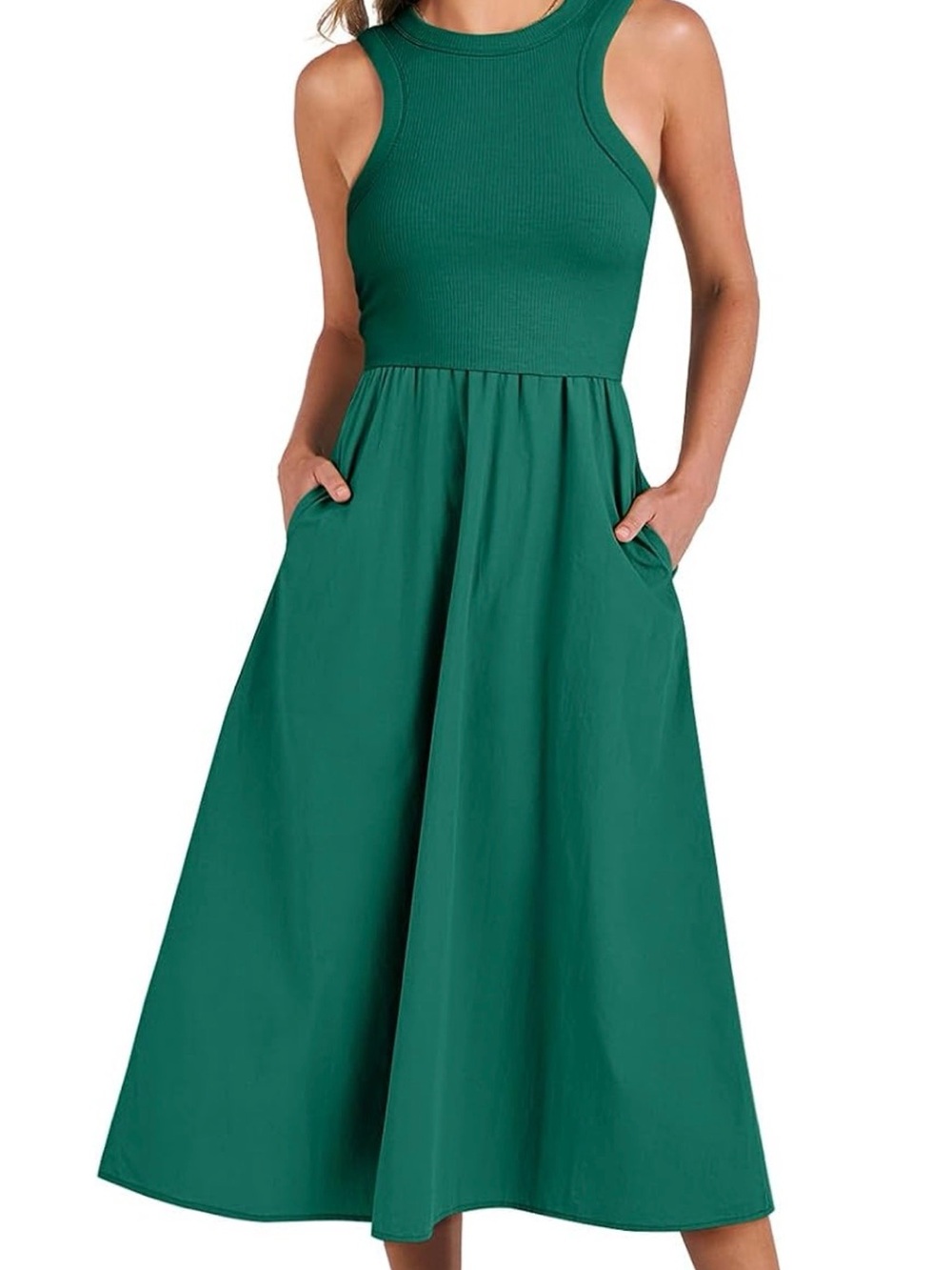Sleeveless Emerald Green Midi Dress with Pockets
